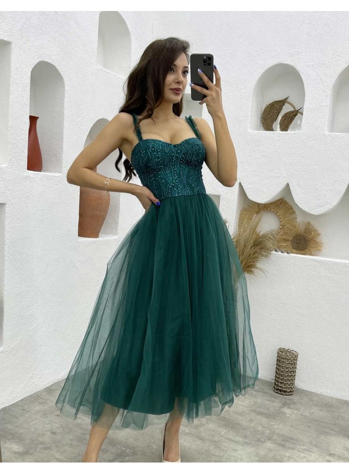 Midi ball gown with rhinestone corset and tulle skirt green