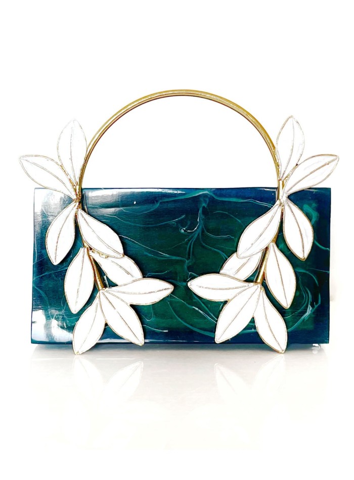 Hard pearly clutch bag in green with high quality leaf handles