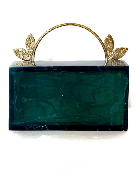 Hard pearly clutch bag in green with high quality leaf handles