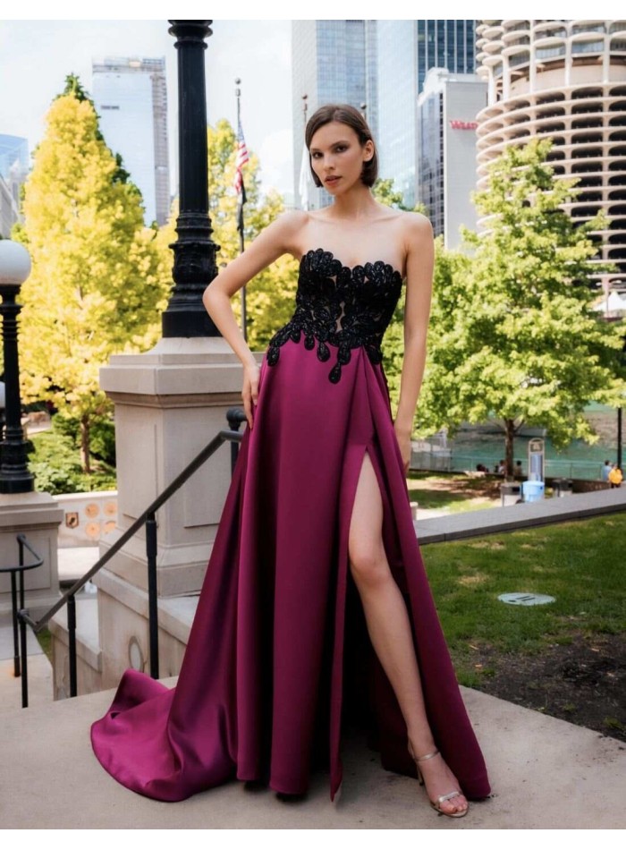 Long party dress with beaded embroidered top and side slit skirt