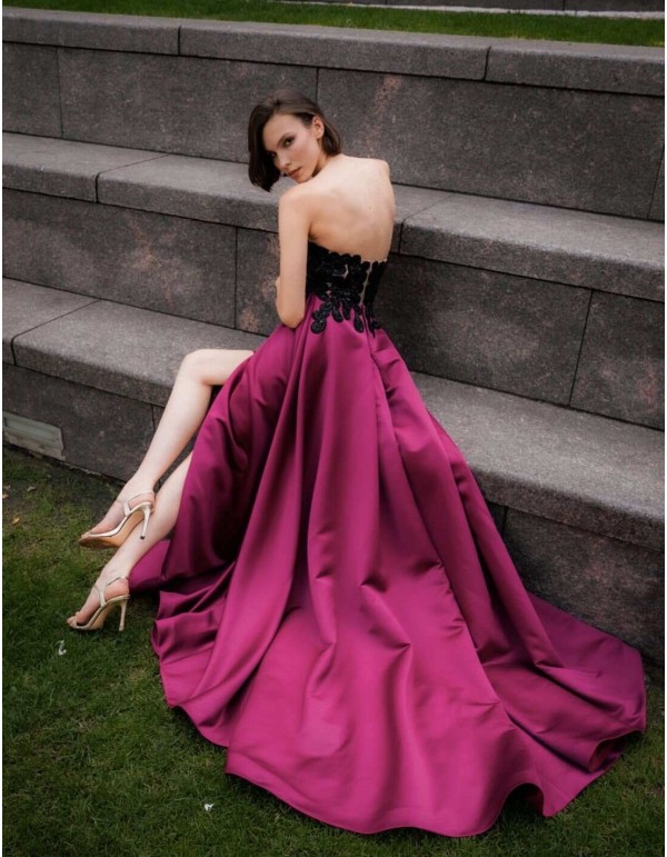 Vestido largo de fiesta con top bordado de pedrería y falda con abertura lateral 2