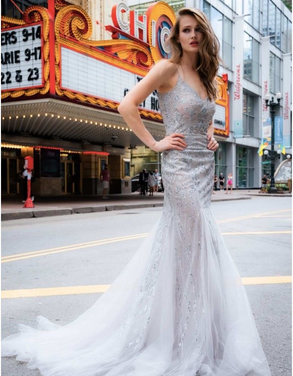 Long mermaid cut party dress combined with rhinestones and transparencies.