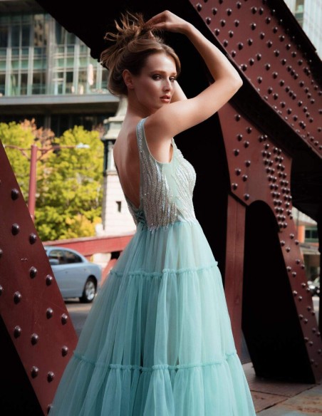 Midi party dress with beaded bodice and panelled skirt