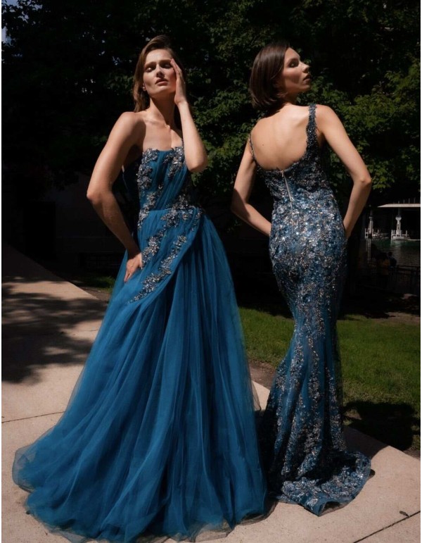 Long mermaid cut party dress with floral motif and transparencies 2
