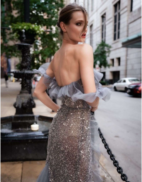 Asymmetric party dress with ruffles and sequins 2