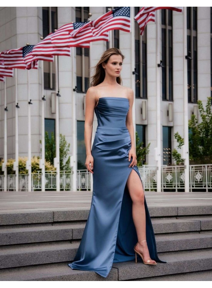Long draped party dress with side slit and rhinestone straps