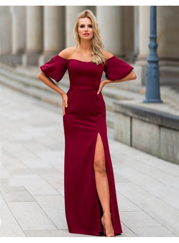 Long evening dress with a bandeau neckline and balloon sleeves