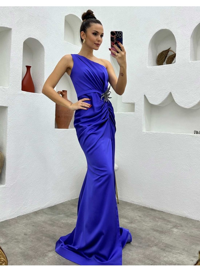 Long evening dress with asymmetrical neckline and rhinestone detailing