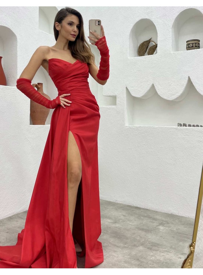 Strapless long evening dress with sleeves
