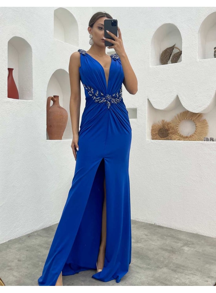 Women's Velvet Evening Dress - Royal Blue / Vee Neckline