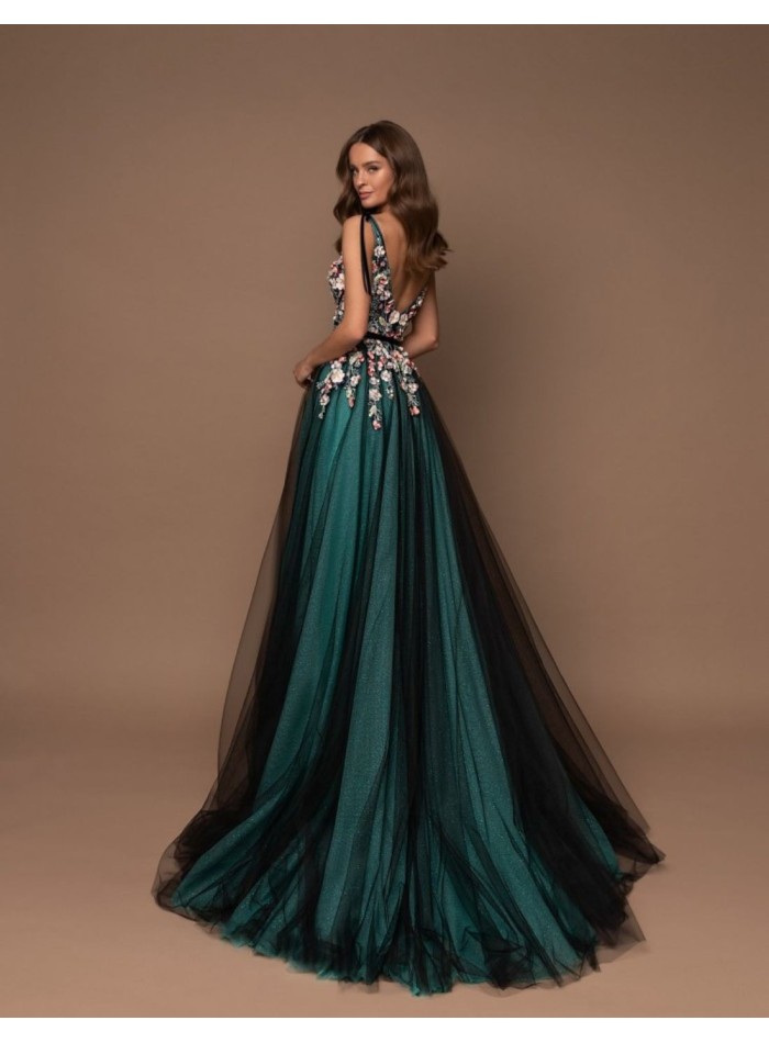 Long party dress with transparent body and shiny tulle skirt