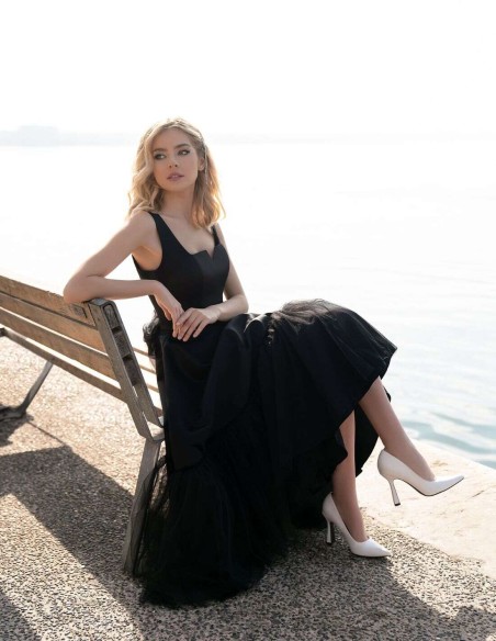 Midi party dress flared skirt with tulle and square neckline-4 Midi party dress flared skirt with tulle and square neckline-4