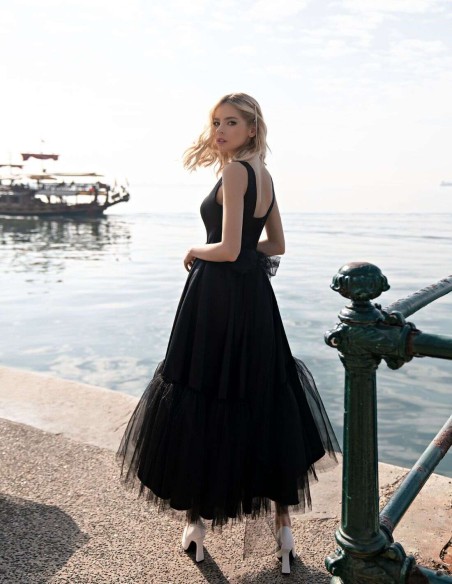 Midi party dress flared skirt with tulle and square neckline-5 Midi party dress flared skirt with tulle and square neckline-5