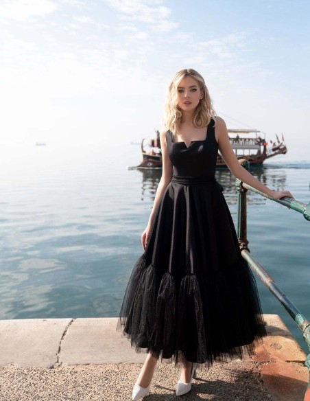 Vestido de fiesta midi falda evasé con tul y escote cuadrado-2 Vestido de fiesta midi falda evasé con tul y escote cuadrado-2