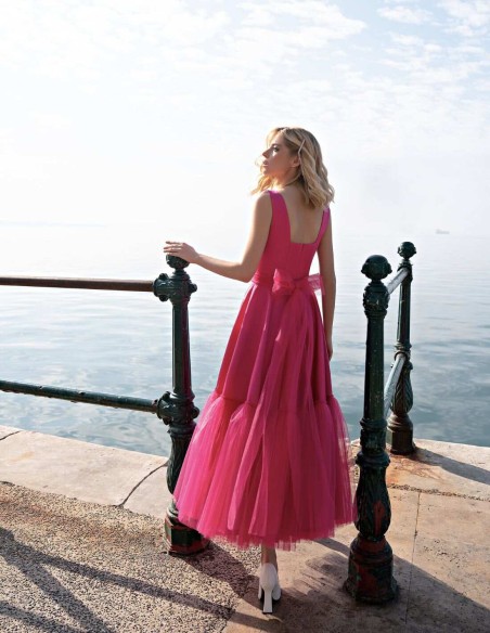 Midi party dress flared skirt with tulle and square neckline-2 Midi party dress flared skirt with tulle and square neckline-2