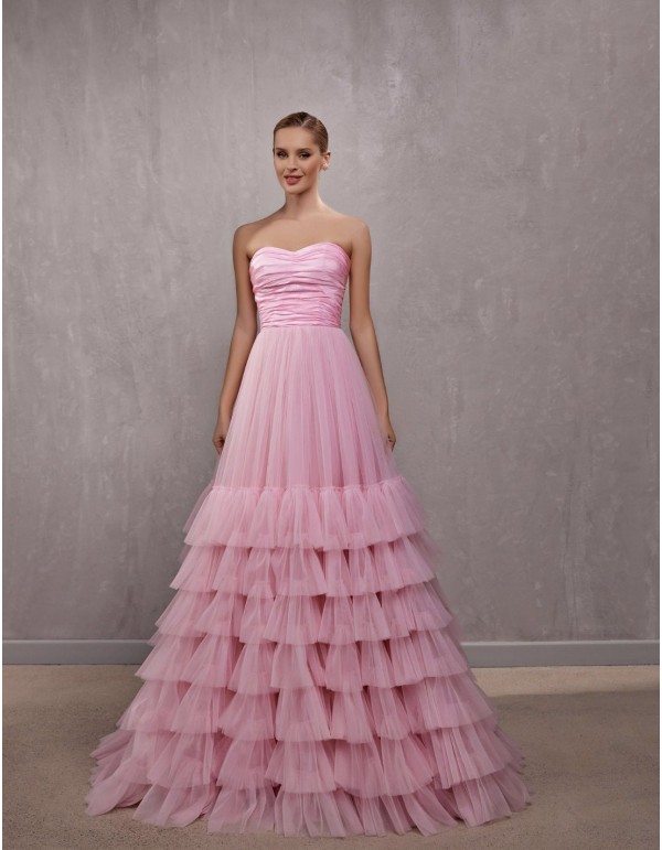 Vestido de gala palabra de honor con maxi falda de tul rosa-2 2