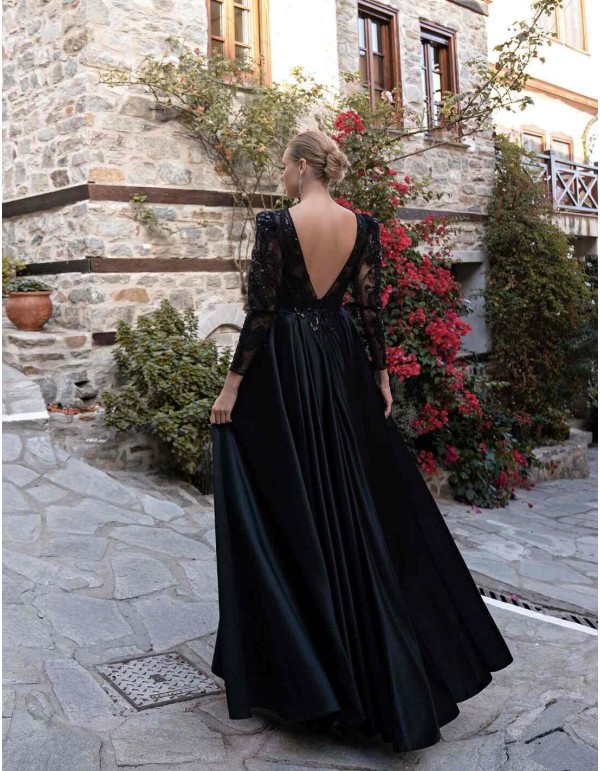 Vestido de gala largo con mangas bordadas y maxi falda satinada-1 2