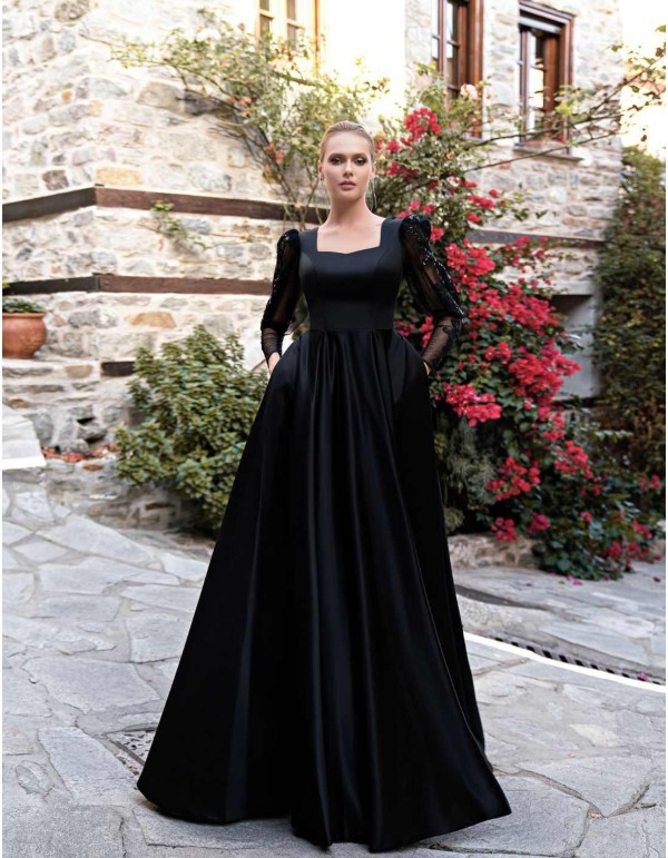 Vestido de gala largo con mangas bordadas y maxi falda satinada-1