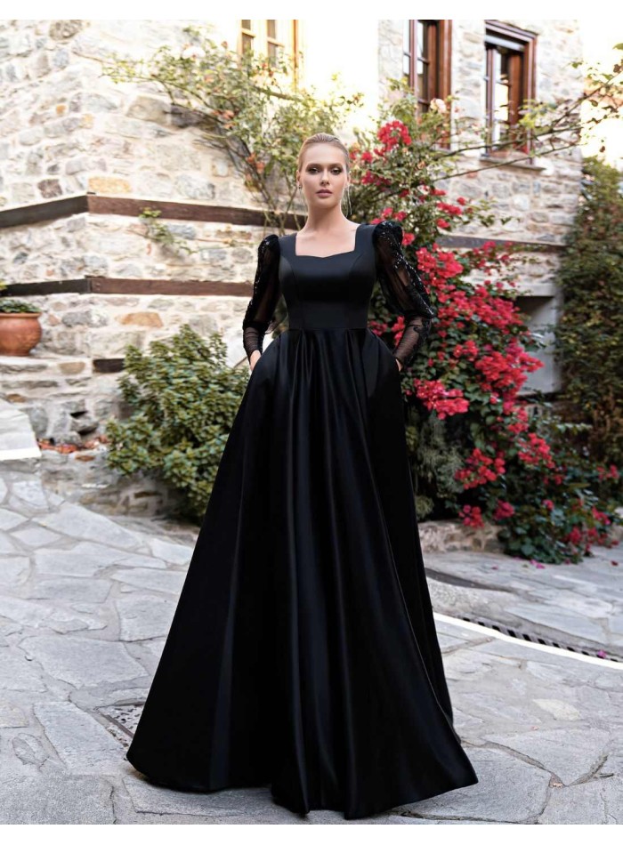 Long ball gown with embroidered sleeves and satin maxi skirt-1