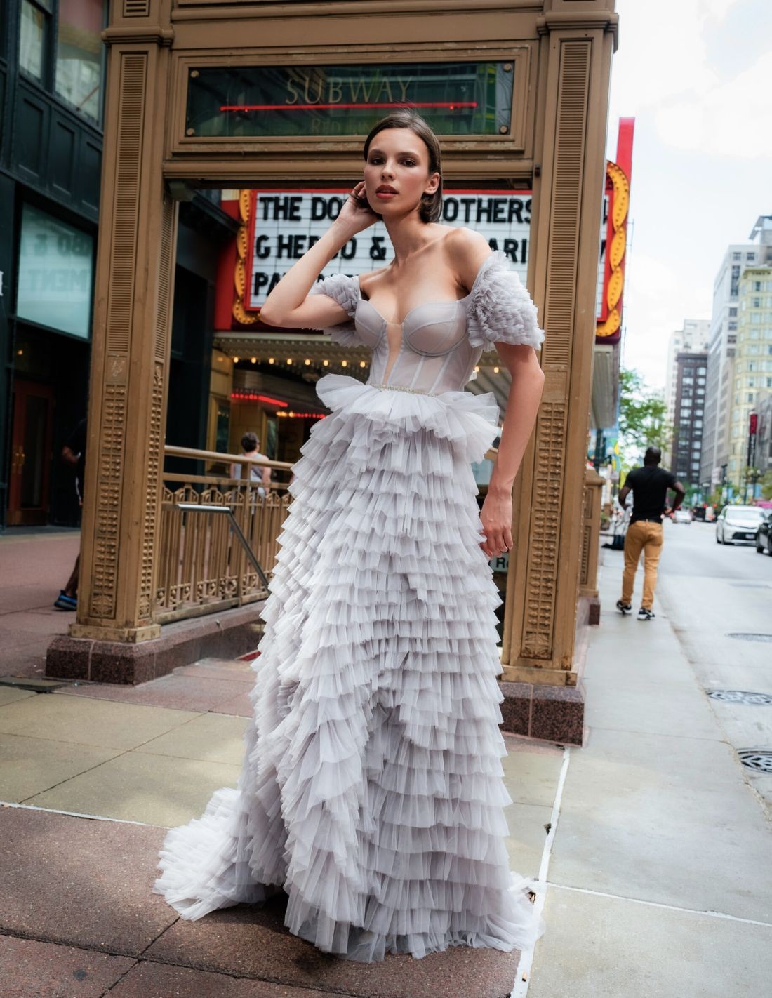 Long tulle party dress with corset style bodice