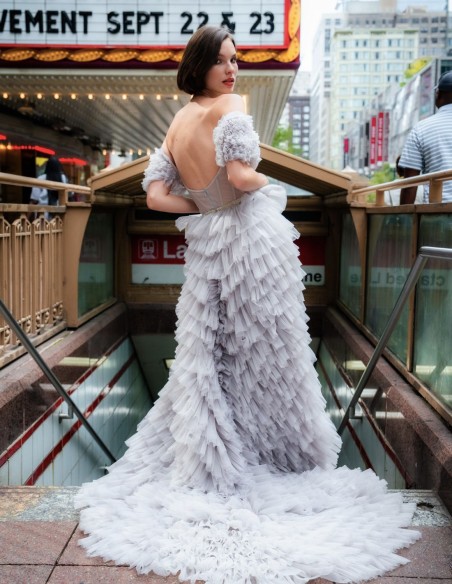 Long party dress with tulle ruffles and corset style bodice