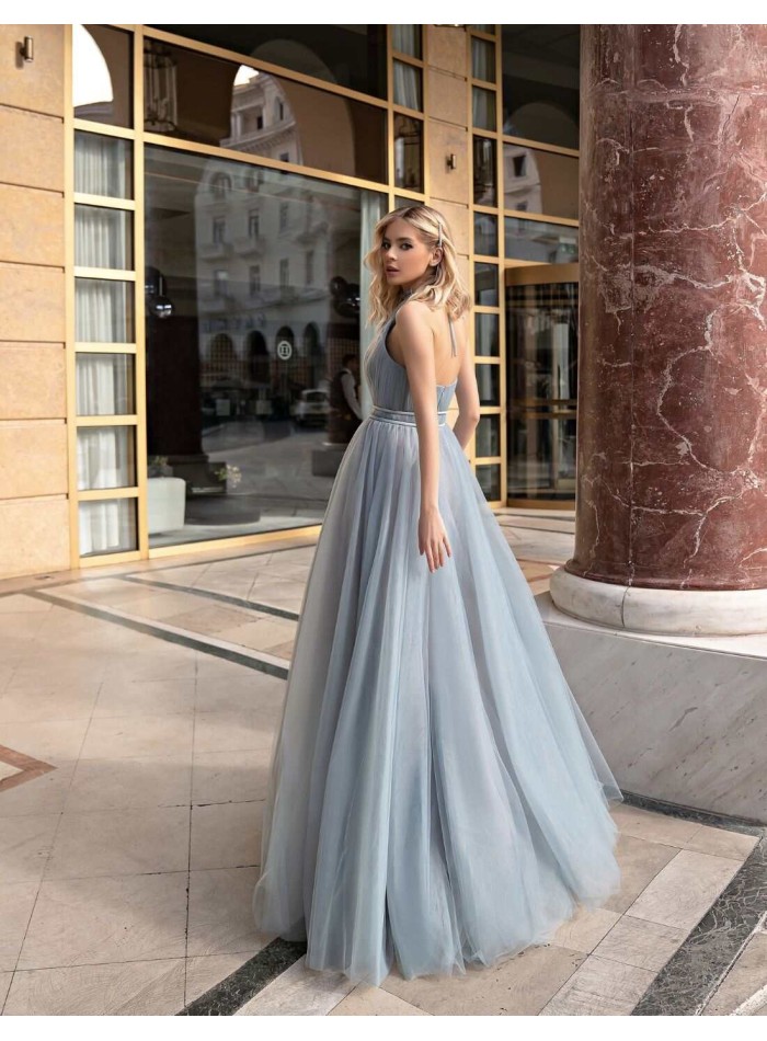 Vestido de fiesta con escote halter plisado de tul-4