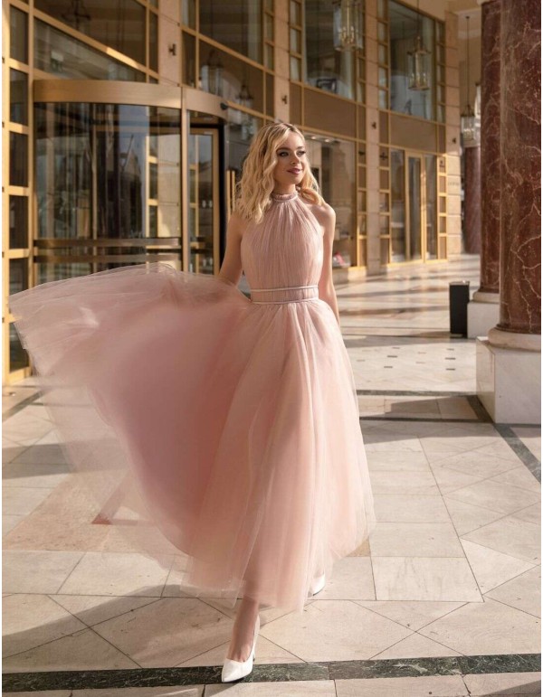 Vestido de fiesta con escote halter plisado de tul