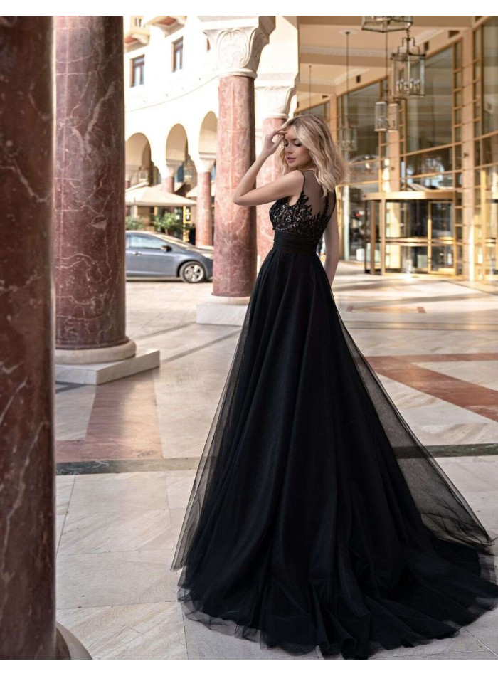 Gala dress with embroidered rhinestone body and tulle maxi skirt