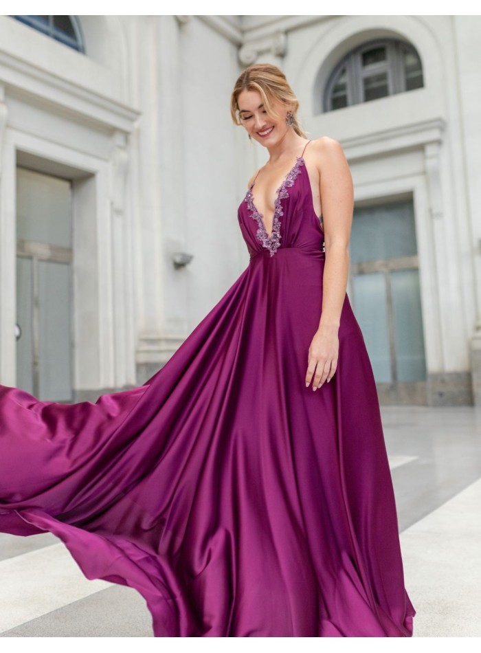 Long satin party dress with open back and embroidery on the neckline