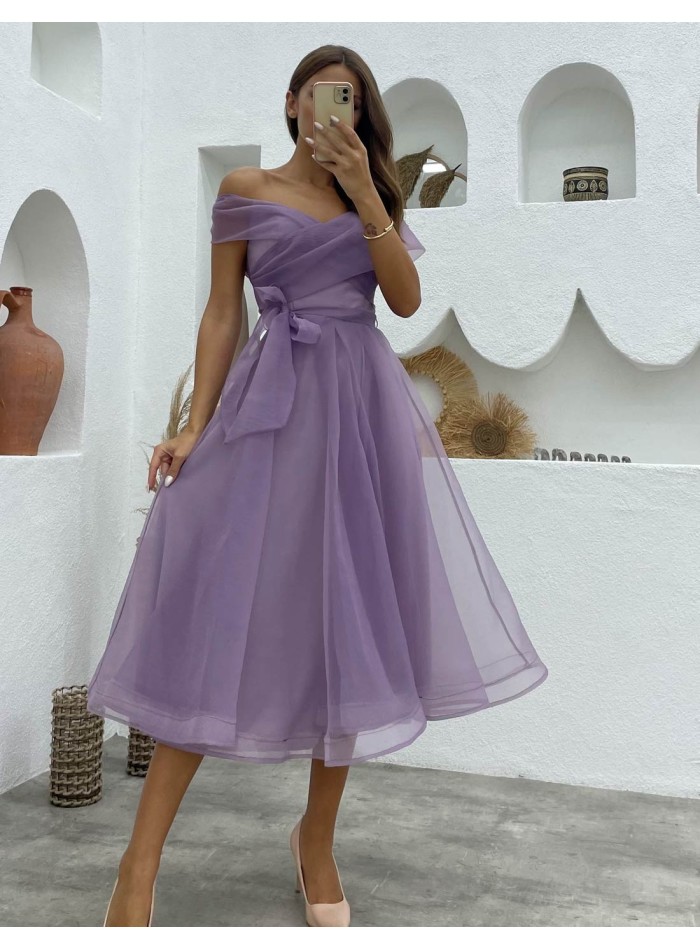 Cocktail dress with bandeau neckline in tulle pink