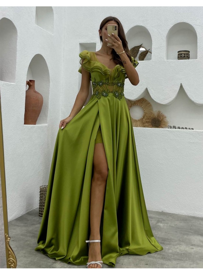 Long evening dress with a floaty skirt and rhinestones