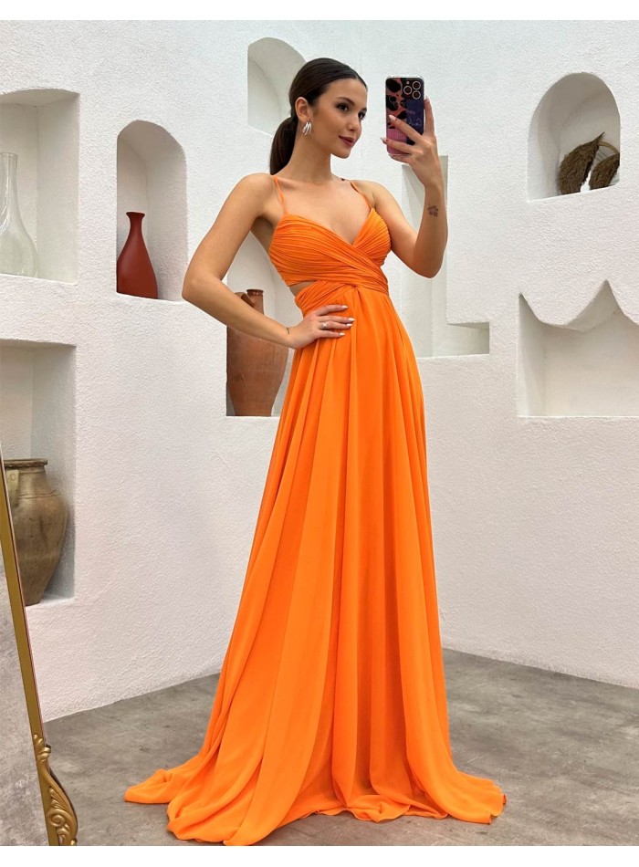 Evening dress with draped crossover neckline orange