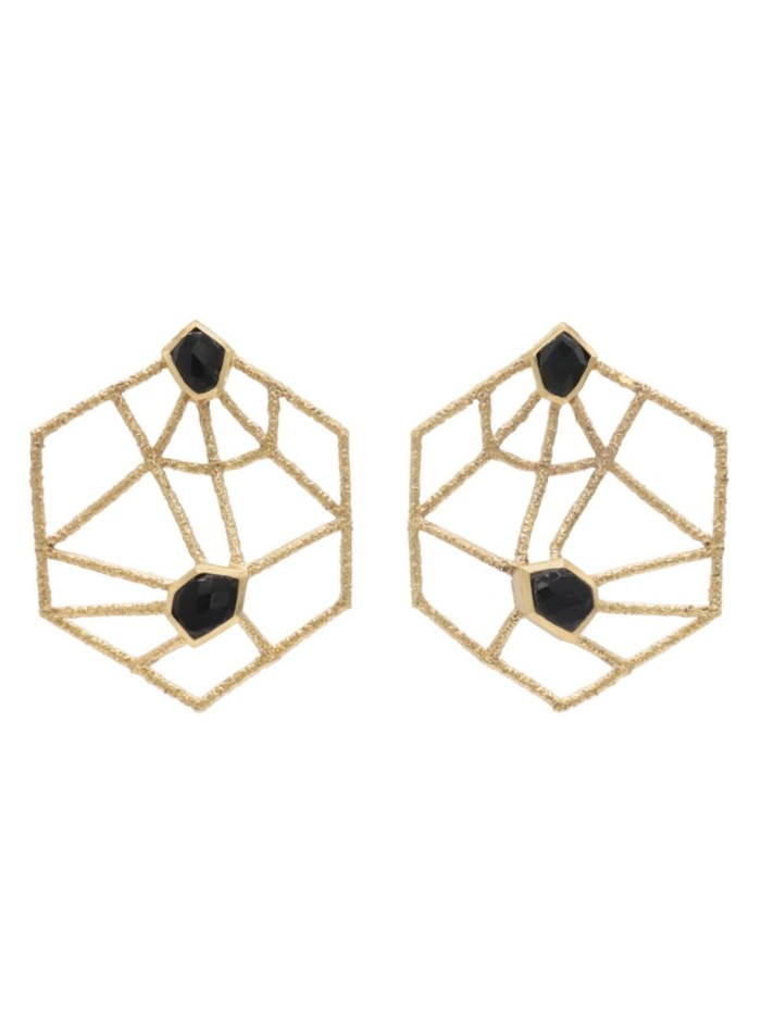 Geometric gold party earrings with black stones