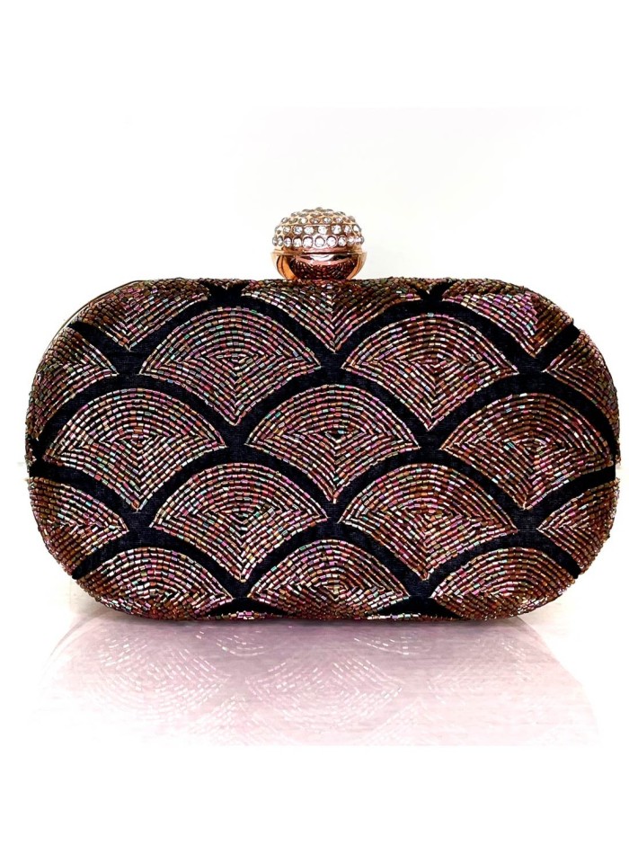 Black evening clutch bag with hand-embroidered rhinestones and jewellery clasp