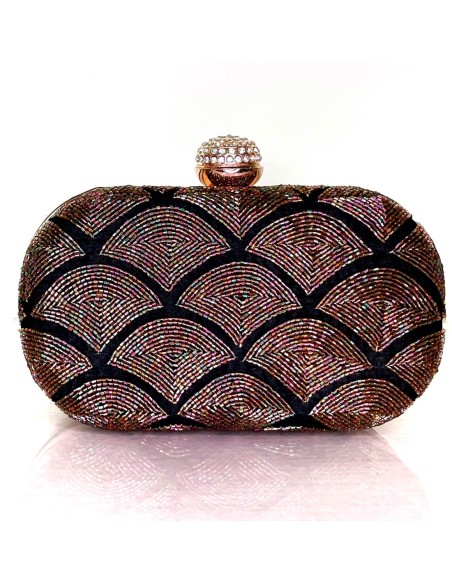 Black evening clutch bag with hand-embroidered rhinestones and jewellery clasp Black evening clutch bag with hand-embroidered rhinestones and jewellery clasp