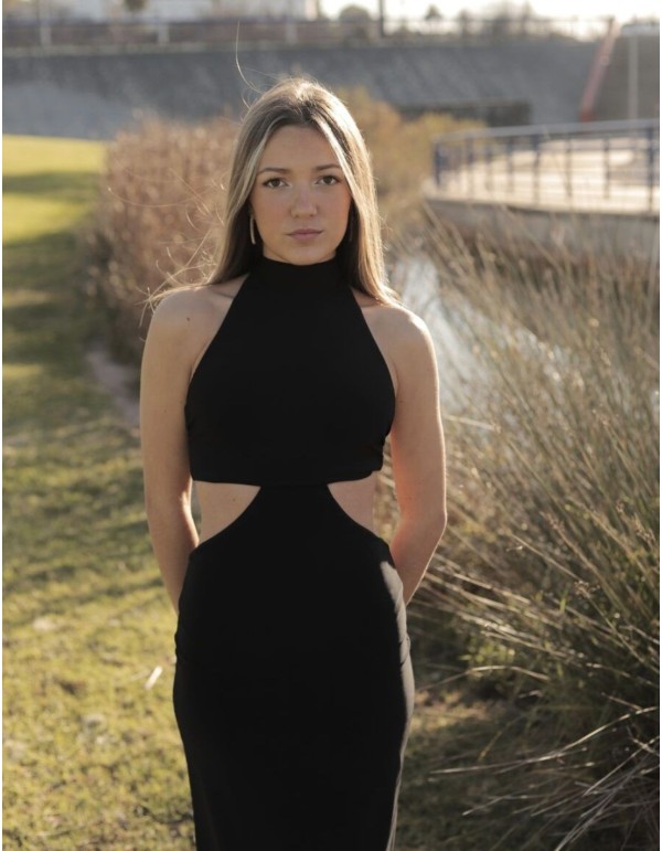 Robe de soirée midi à découpes et encolure licou noire 2