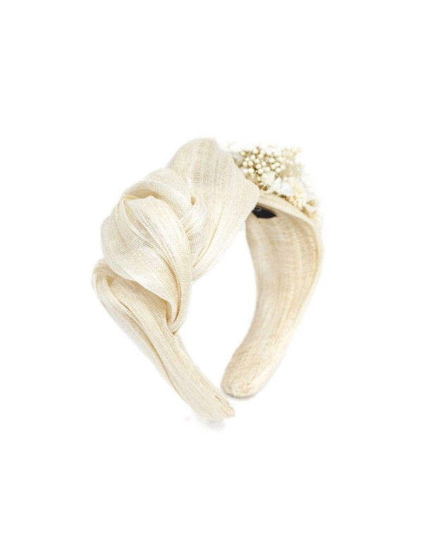 Ecru silk wrap headband with preserved flowers 2