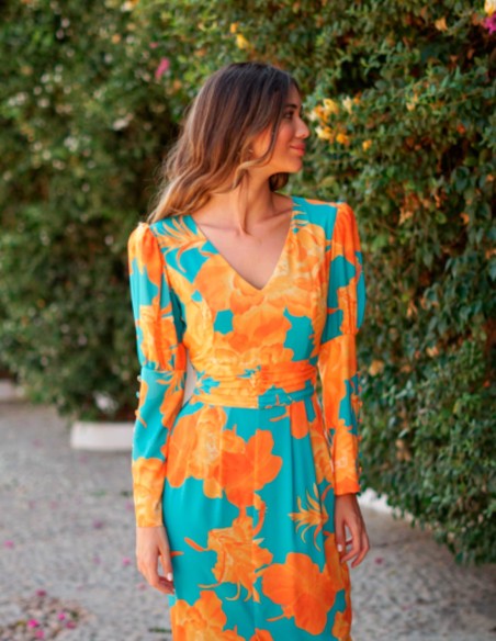 Vibrant printed midi evening dress