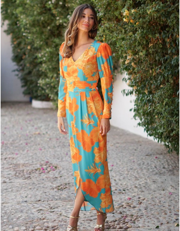 Vestido midi estampado en tonos vibrantes
