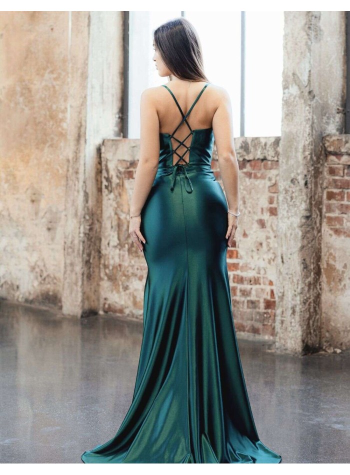 Amazon.com: Morbore Spaghetti Straps V Neck Prom Dress Lace Long Bridesmaid  Dresses Satin Evening Gowns with Slit Aqua HH516,Custom: Clothing, Shoes &  Jewelry