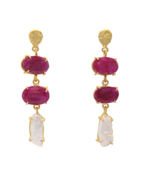 Long earrings with natural ruby and white stones