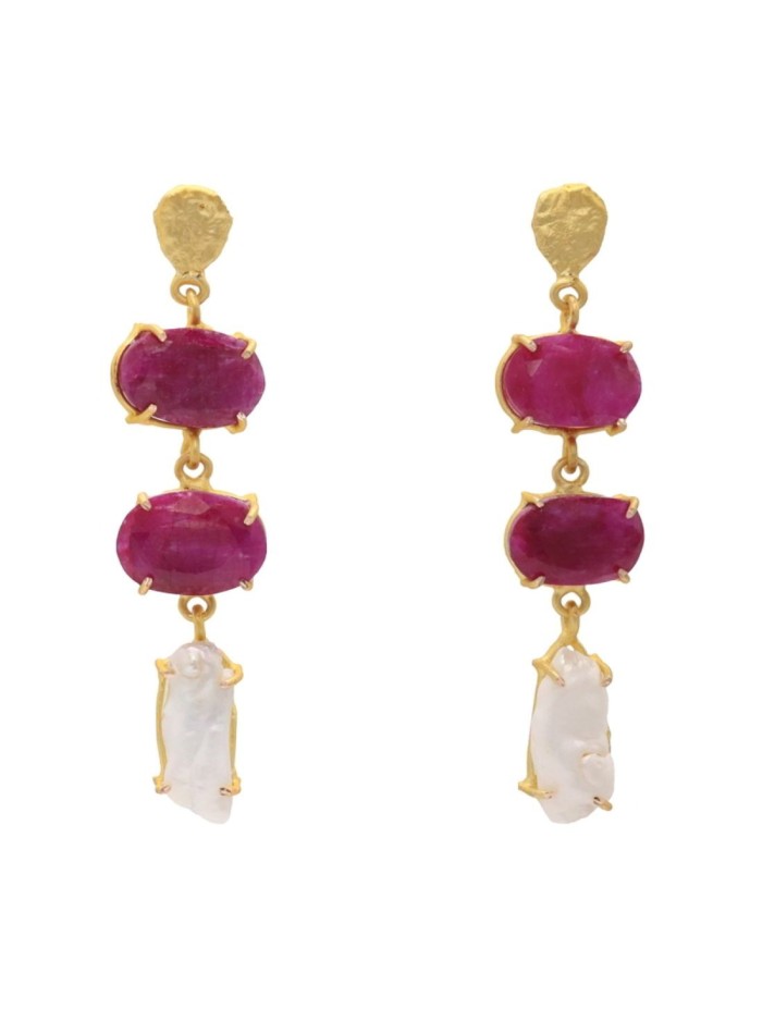 Long earrings with natural ruby and white stones