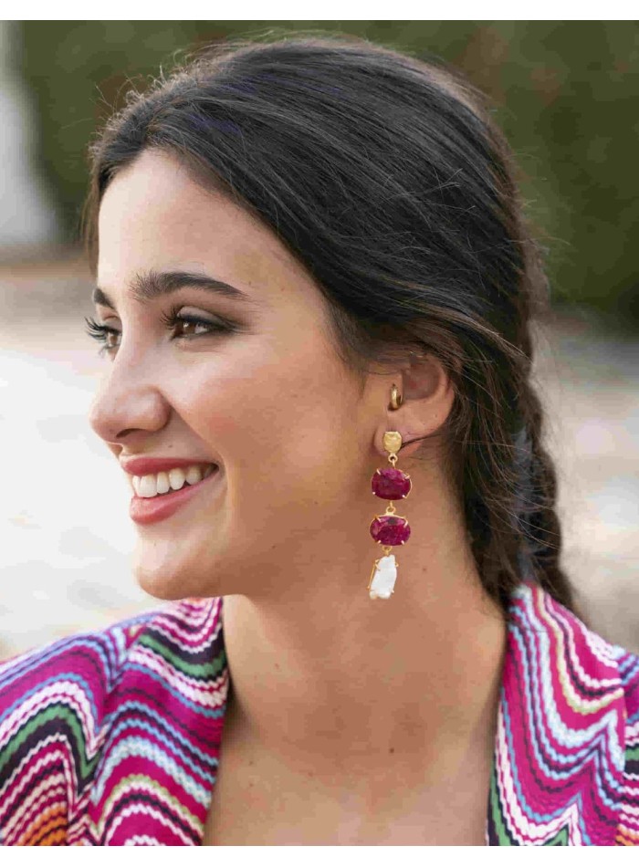 Long earrings with natural ruby and white stones