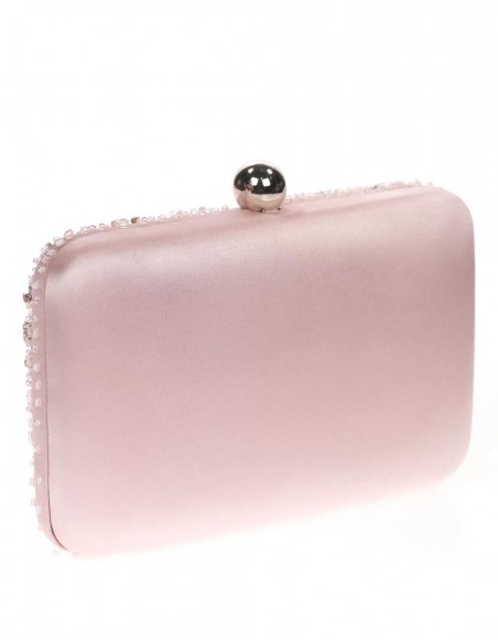 Bolso de fiesta con pedrería cosida en raso rosa -1 Bolso de fiesta con pedrería cosida en raso rosa -1