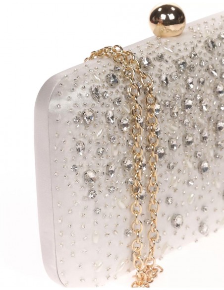 Satin clutch bag with sewn rhinestones