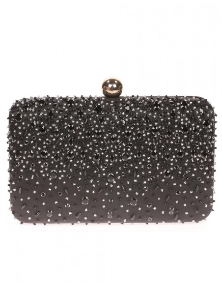 Bolso de fiesta con pedrería cosida en raso negro Bolso de fiesta con pedrería cosida en raso negro