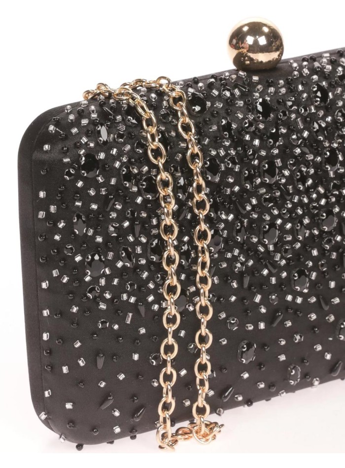 Satin clutch bag with sewn rhinestones