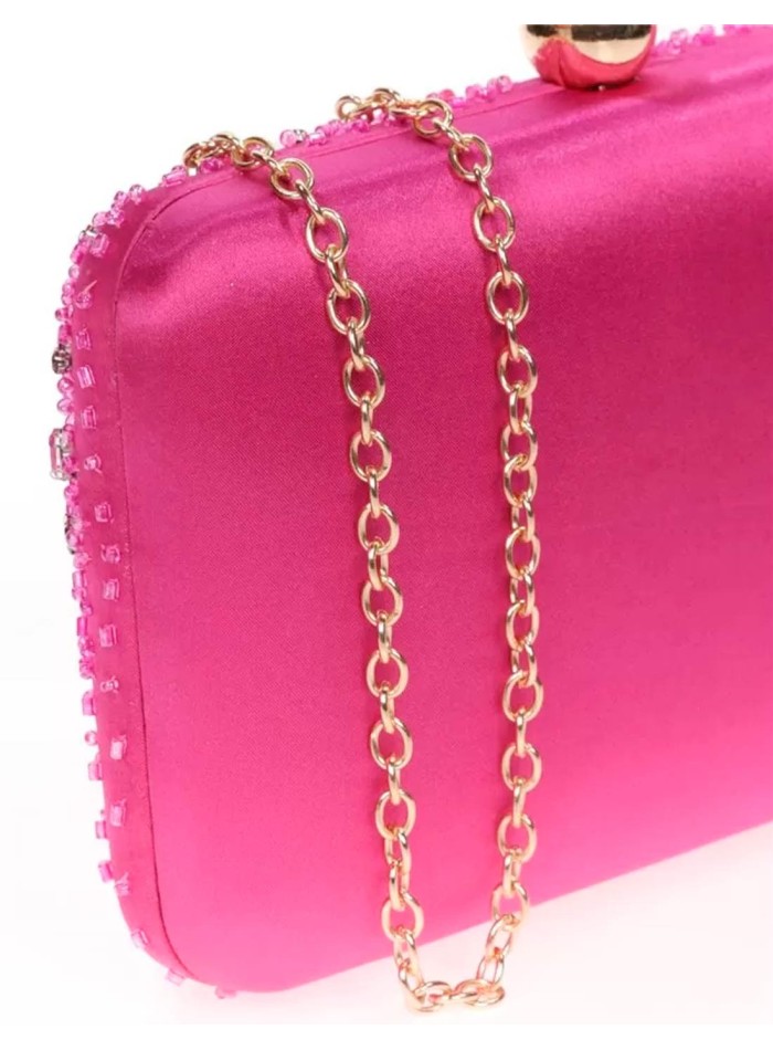 Satin clutch bag with sewn rhinestones