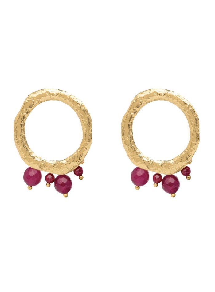 Boucle d'oreilles circulaires de fête plaquées or avec pierres fuchsia