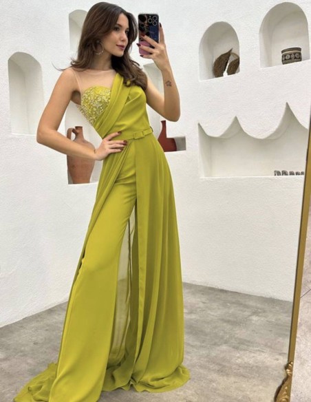 Party jumpsuit with cape and asymmetrical neckline with rhinestones Party jumpsuit with cape and asymmetrical neckline with rhinestones